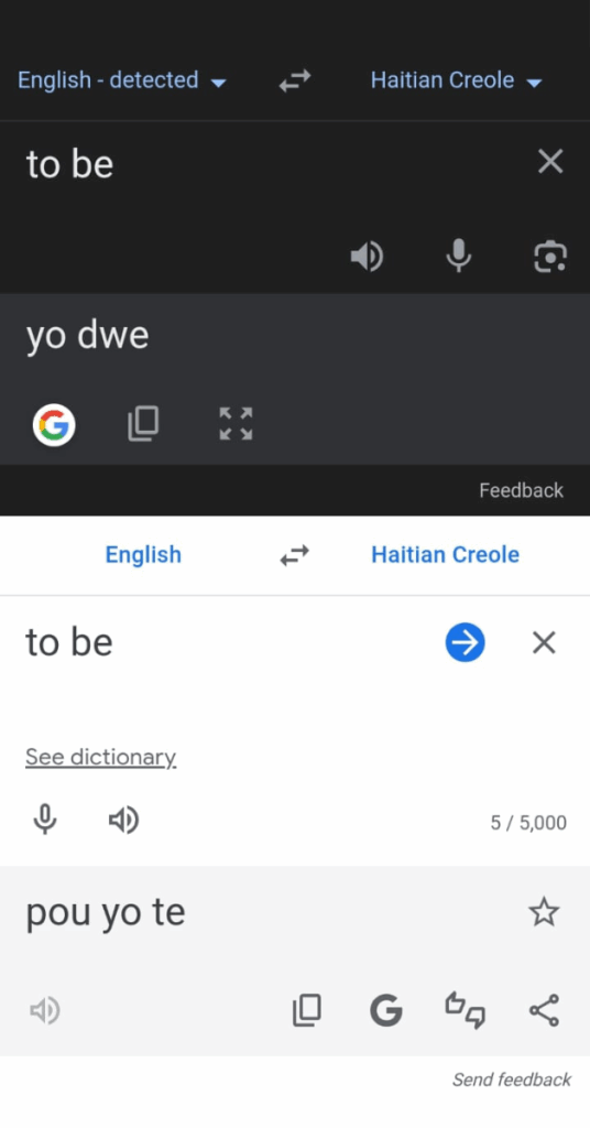 the verb to be in Haitian Creole google translate